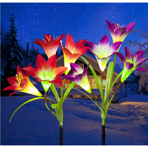 Outdoor solar garden lights - 2 lilies, multi-color changing LED solar lights for garden, patio, backyard (purple and pink)