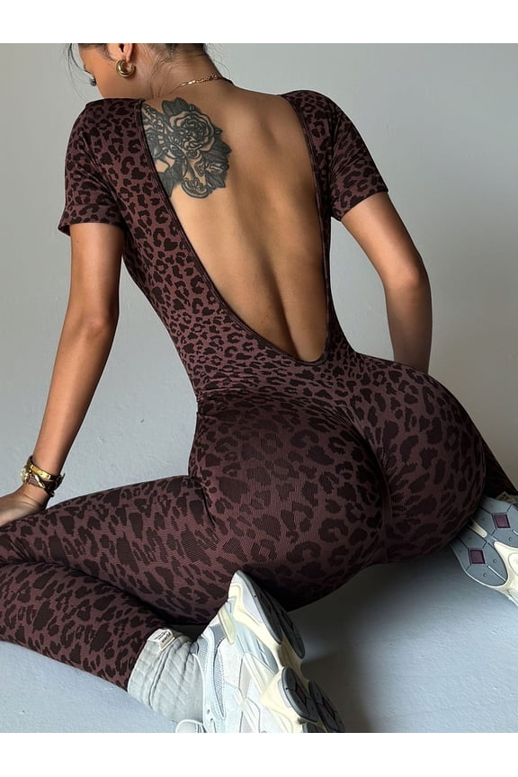 Outdoor sports jumpsuit, slim fit, short sleeves, sexy and slimming, leopard print yoga and fitness jumpsuit