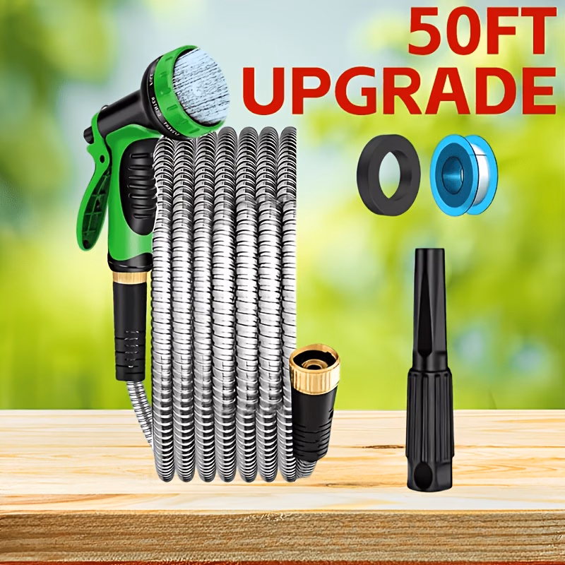 Outdoor stainless steel water pipe -50FT, super soft and flexible, puncture resistant and rust proof. Very suitable for garden and courtyard irrigation, no distortion, simple operation and storage.