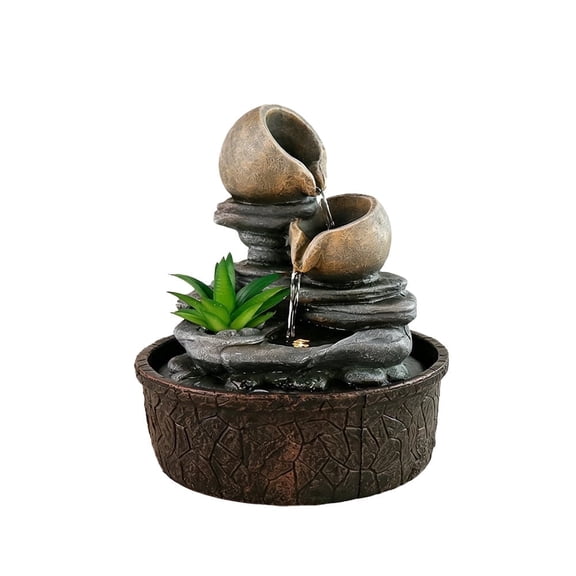 Outdoor tabletop fountain with warm-toned LED lighting; tabletop fountain; weather-resistant resin Zen-style waterfall; ideal for decorating patios, gardens, balconies, and backyards