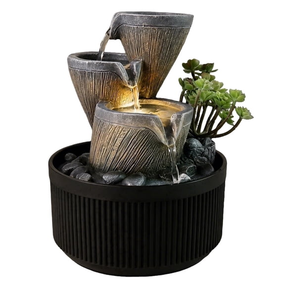 Jinhuoba Outdoor tabletop fountain with warm-toned LED lighting; three-tiered tabletop fountain featuring a Zen-inspired waterfall made of weather-resistant resin; perfect for decorating gardens