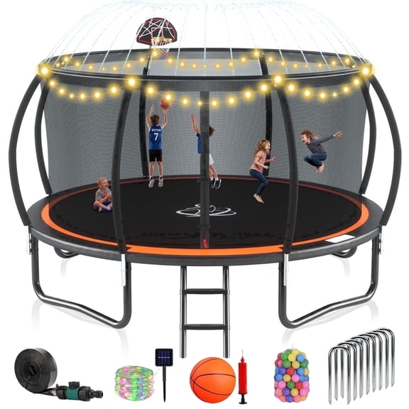 Lumeavetra Outdoor Trampoline for Kids & Adults with Anti-Rust Coating, Safety Enclosure Net, Basketball Hoop, Sprinkler & Ladder, Heavy-Duty Trampolne, Ideal Gift for Boys & Girls Birthday