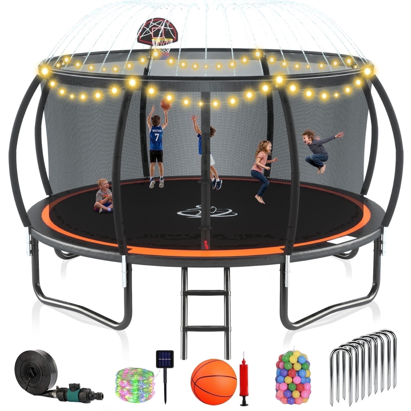 Lumeavetra Outdoor Trampoline for Kids & Adults with Anti-Rust Coating, Safety Enclosure Net, Basketball Hoop, Sprinkler & Ladder, Heavy-Duty Trampolne, Ideal Gift for Boys & Girls Birthday
