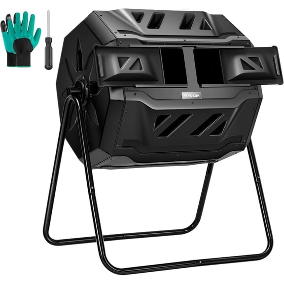 Outdoor tumbling composter for backyard use, black polyethylene, dual rotating batch system with 43-gallon capacity and secure black door