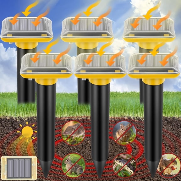 Outdoor ultrasonic gopher repellent, 6-pack solar lawn gopher repellent, waterproof gopher trap, effectively repels gophers, groundhogs, squirrels, snakes, yellow