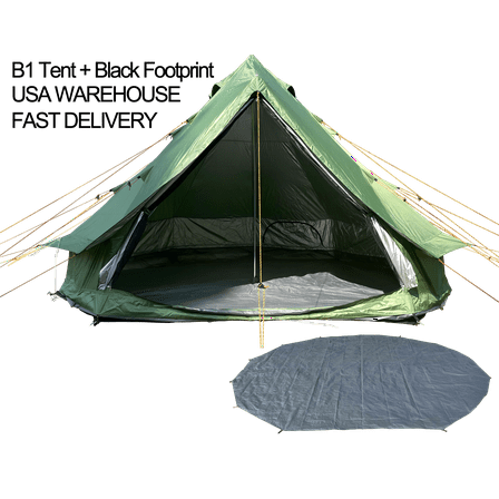 Outdoor waterproof 13.2ft/4M green B1 bell tent and black footprint, waterproof luxury yurt tent, easy to install and carry, suitable for 4-6 people family camping trip