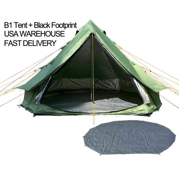 Outdoor waterproof 13.2ft/4M green B1 bell tent and black footprint, waterproof luxury yurt tent, easy to install and carry, suitable for 4-6 people family camping trip