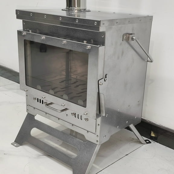 Outdoor wood-burning stainless steel fireplace, portable tent winter heater, with 7 chimney pipes and a large window during camping