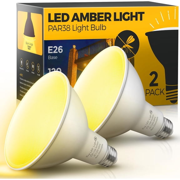 Outdoor yellow bug light bulbs, 38 floodlights, 150-200 watt equivalent 2000 lumens not attracting insects, 15 watt 1100 lumens non-dimmable amber porch lights, 26 base suitable for terraces, backyar