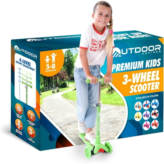 OutdoorCruiser Green 3-Wheel Kids Scooter – Lean-to-Steer, Wide Deck, LED Wheels, Adjustable T-Bar, 150 lbs Capacity