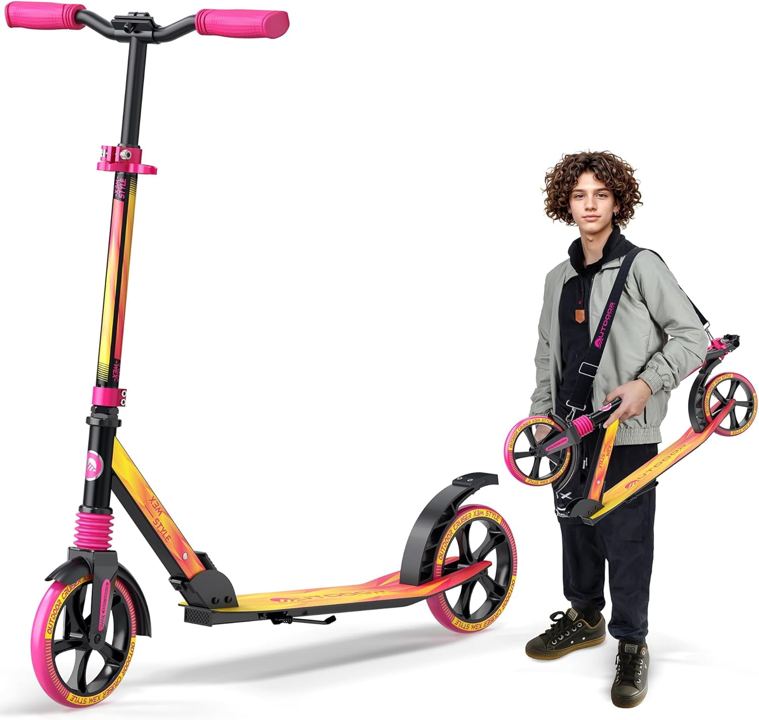 OutdoorCruiser Kick Scooter for Ages 6+, Kids, Teens & Adults, Foldable, Dual Suspension, 3-Level Adjustable Handlebar, Child Safety Approved, Yellow & Pink