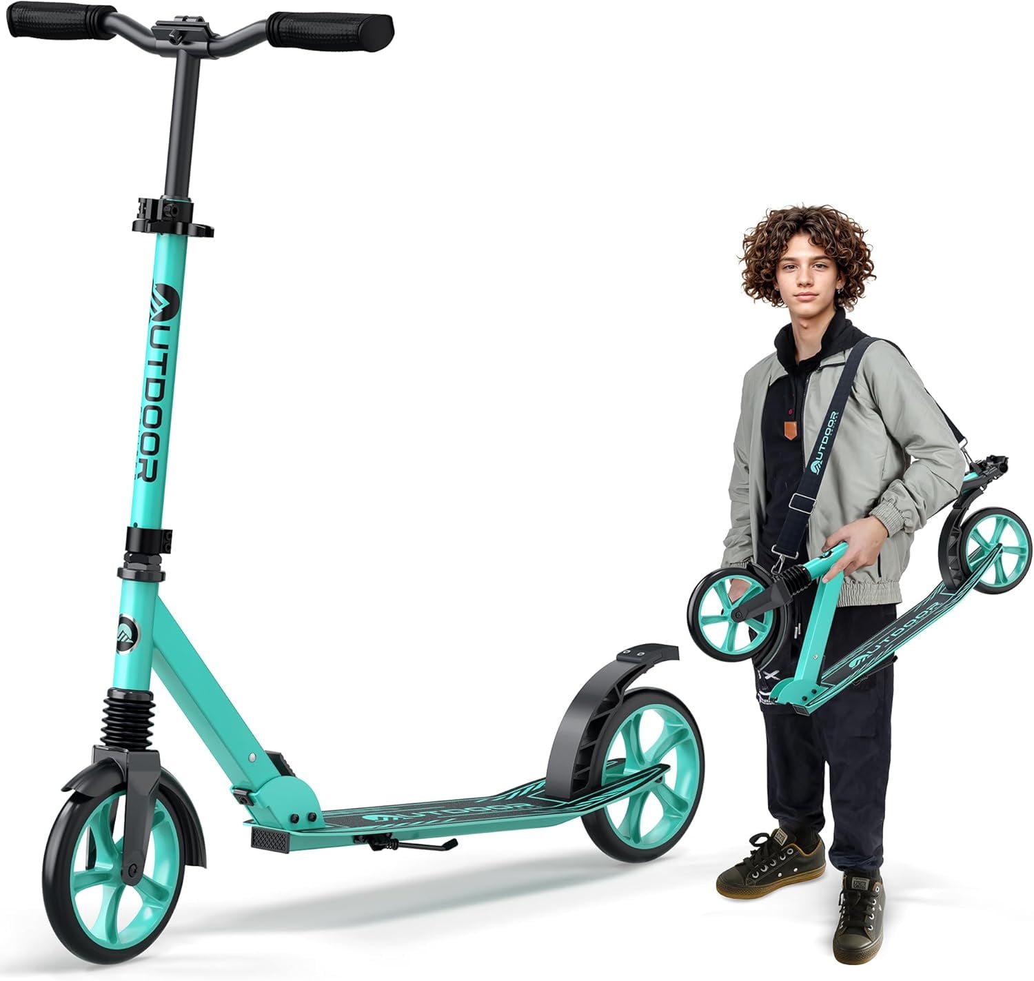 OutdoorCruiser Kick Scooter for Ages 6+, Kids, Teens & Adults, Foldable, Dual Suspension, 3-Level Adjustable Handlebar, Child Safety Approved, Aqua
