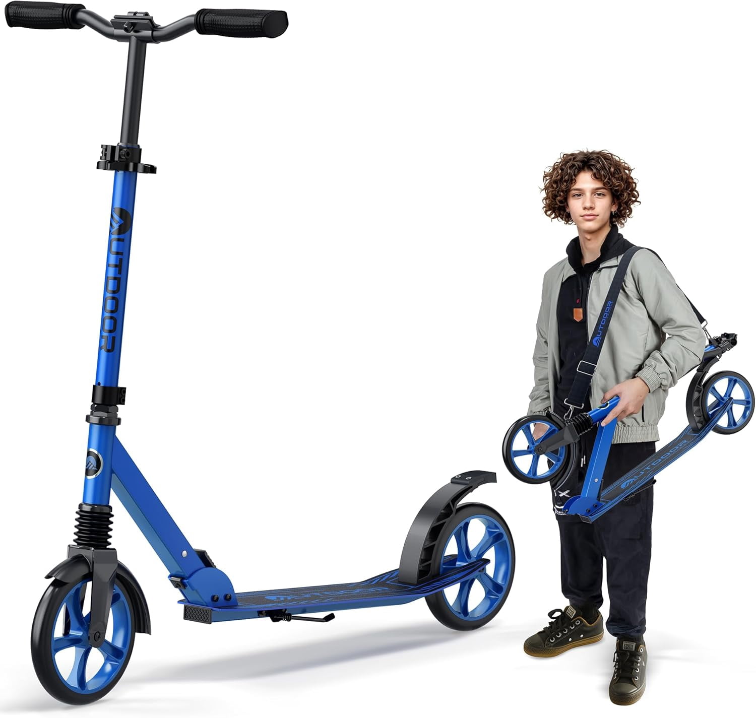 OutdoorCruiser Kick Scooter for Ages 6+, Kids, Teens & Adults, Foldable, Dual Suspension, 3-Level Adjustable Handlebar, Child Safety Approved, Blue