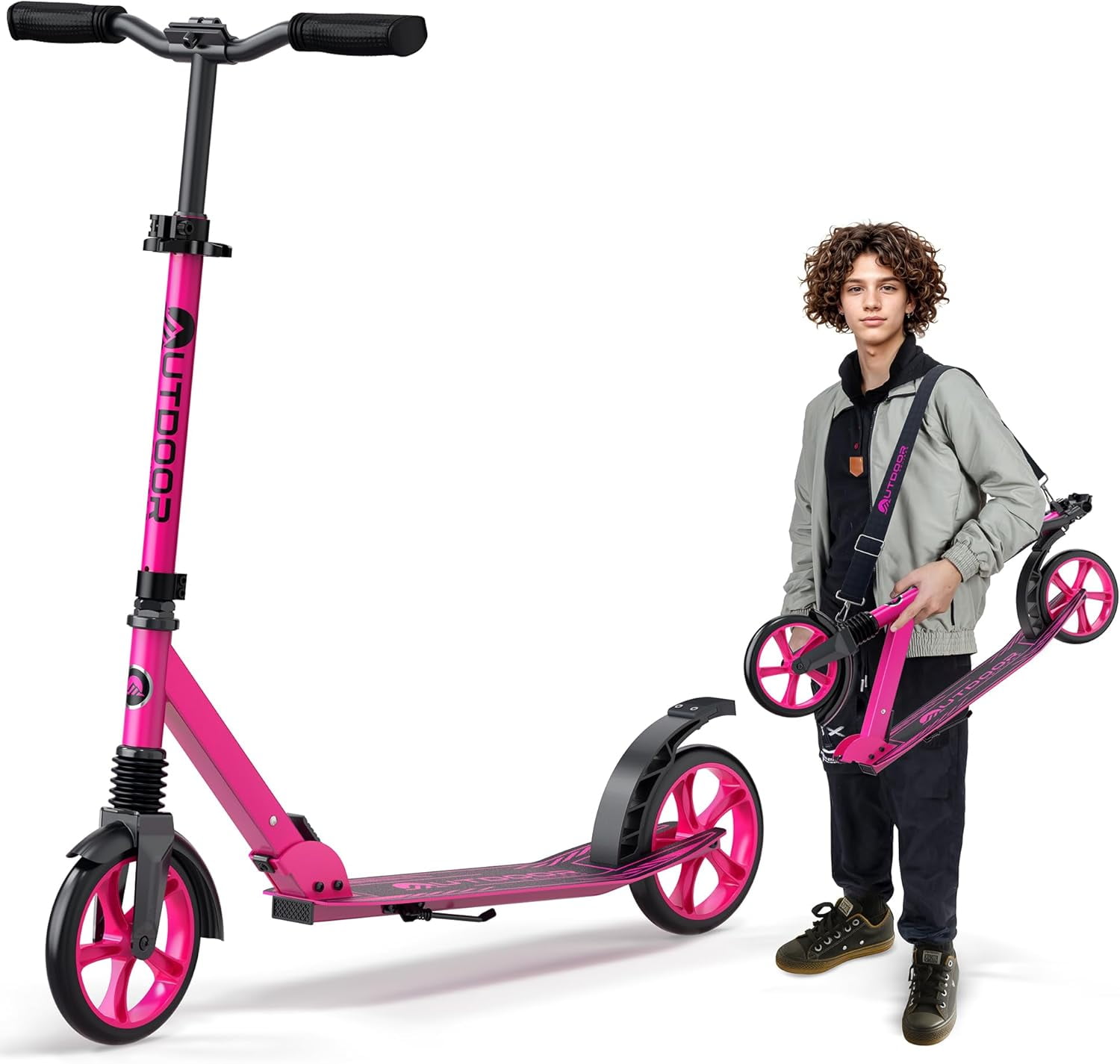 OutdoorCruiser Kick Scooter for Ages 6+, Kids, Teens & Adults, Foldable, Dual Suspension, 3-Level Adjustable Handlebar, Child Safety Approved, Pink