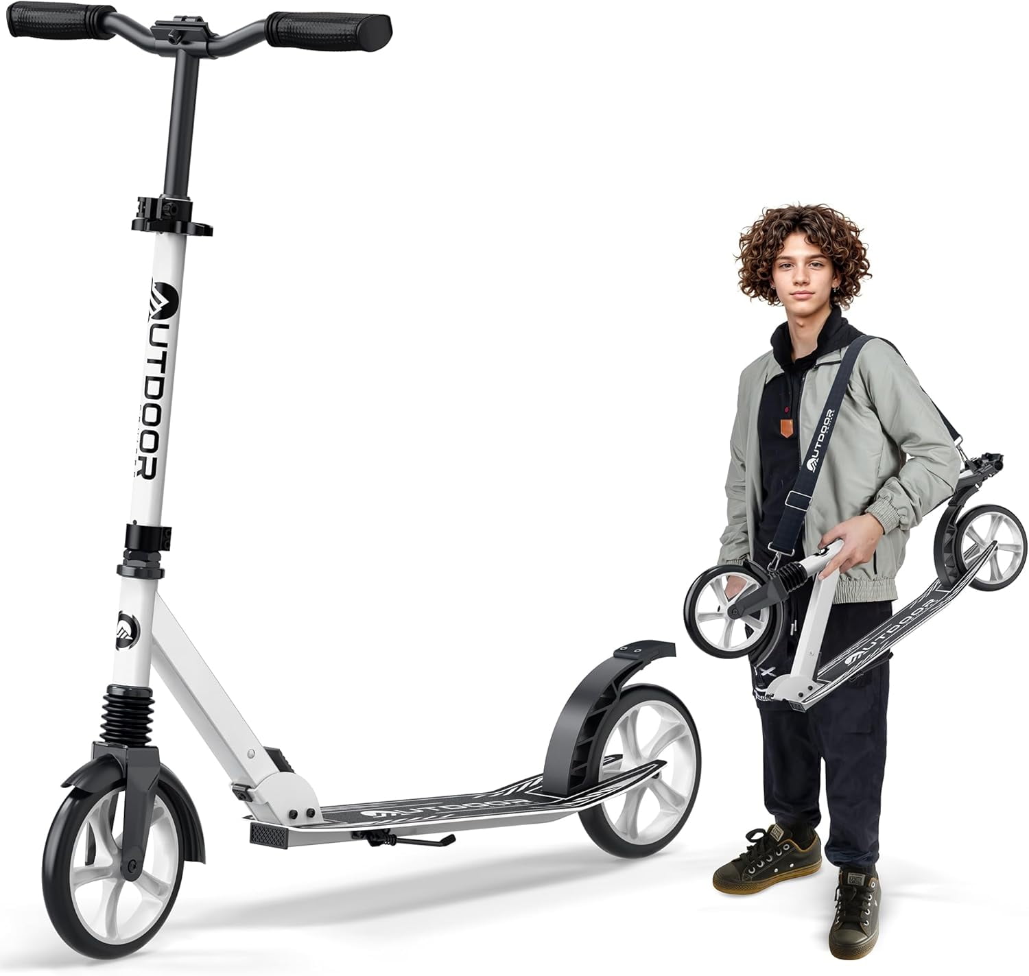 OutdoorCruiser Kick Scooter for Ages 6+, Kids, Teens & Adults, Foldable, Dual Suspension, 3-Level Adjustable Handlebar, Child Safety Approved, White