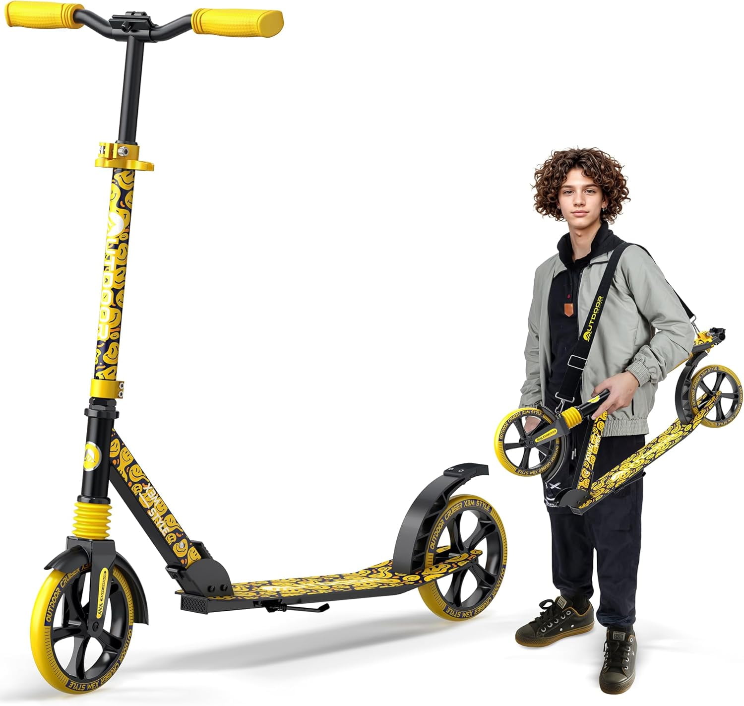 OutdoorCruiser Kick Scooter for Ages 6+, Kids, Teens & Adults, Foldable, Dual Suspension, 3-Level Adjustable Handlebar, Child Safety Approved, Yellow