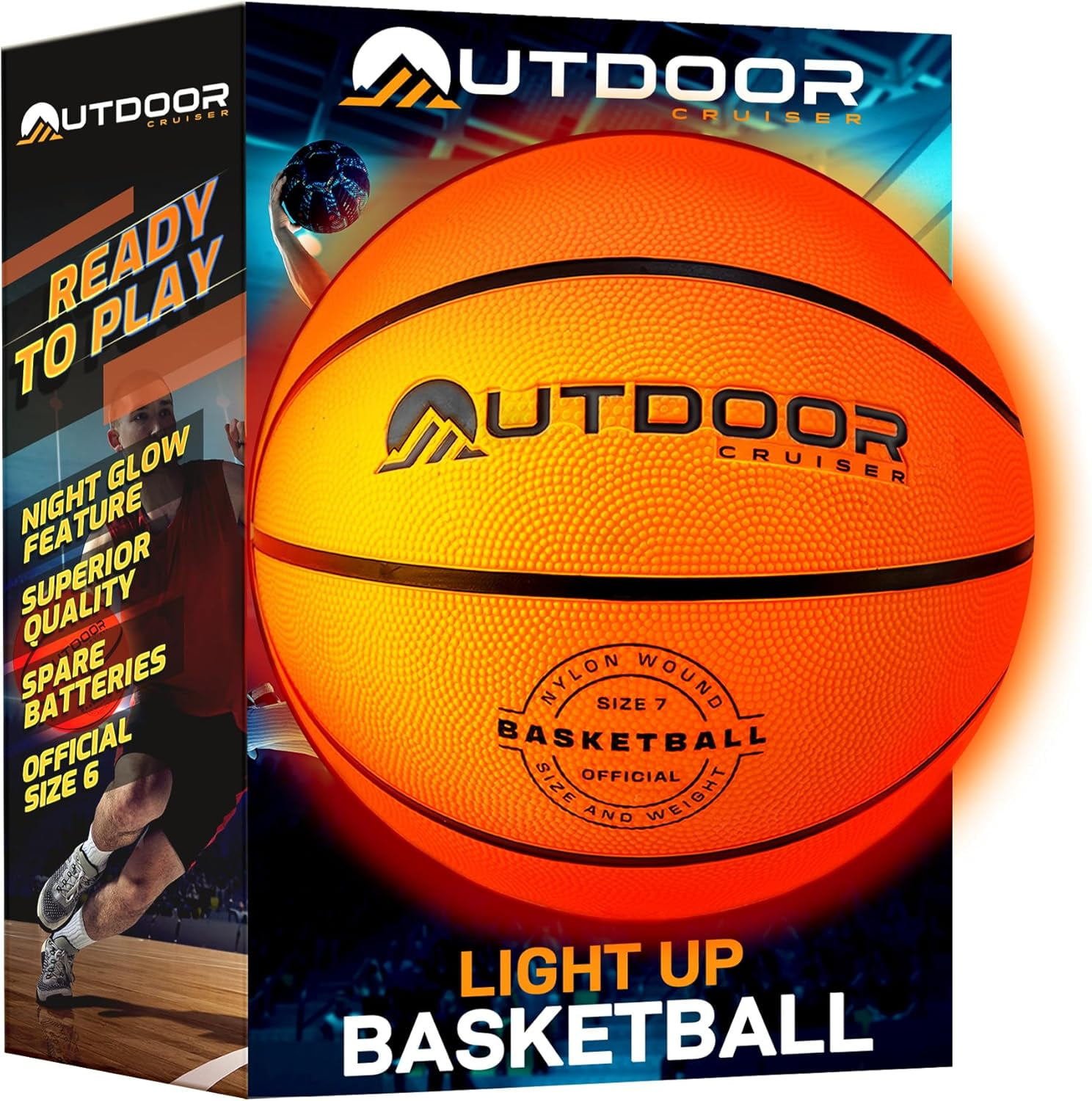 OutdoorCruiser Light Up Basketball - Waterproof Rubber Construction, Glow in the Dark, Glows Up to 30 Hrs with Tap Activation, Complete Set with Pump & Spare Batteries, Official Size 7, For Ages 8-15