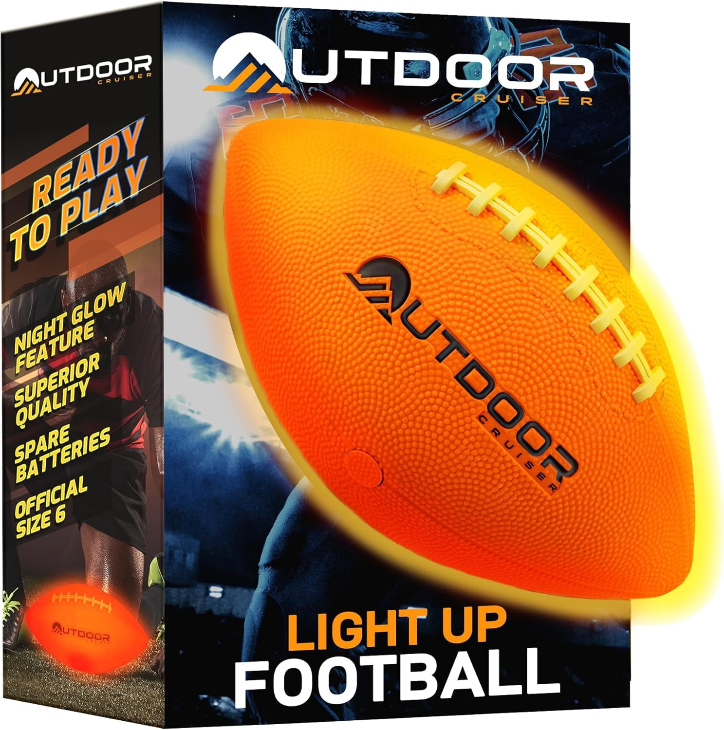 OutdoorCruiser Light Up Football - Waterproof Rubber Construction, Glow in the Dark, Glows Up to 30 Hrs with Tap Activation, Complete Set with Pump & Spare Batteries, Official Size 6, For Ages 8-15