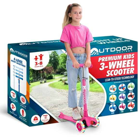 OutdoorCruiser Pink 3-Wheel Kids Scooter – Lean-to-Steer, Wide Deck, LED Wheels, Adjustable T-Bar, 150 lbs Capacity