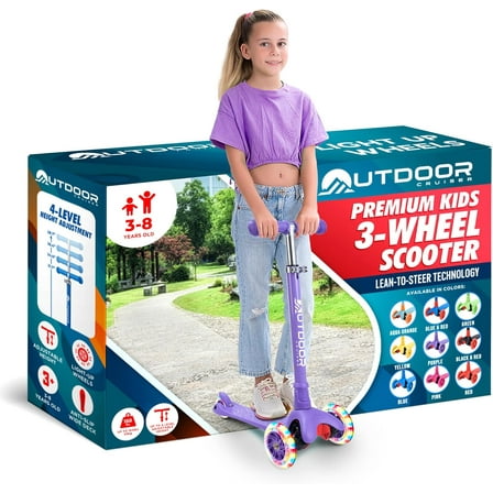 OutdoorCruiser Purple 3-Wheel Kids Scooter – Lean-to-Steer, Wide Deck, LED Wheels, Adjustable T-Bar, 150 lbs Capacity