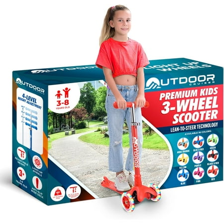 OutdoorCruiser Red 3-Wheel Kids Scooter – Lean-to-Steer, Wide Deck, LED Wheels, Adjustable T-Bar, 150 lbs Capacity