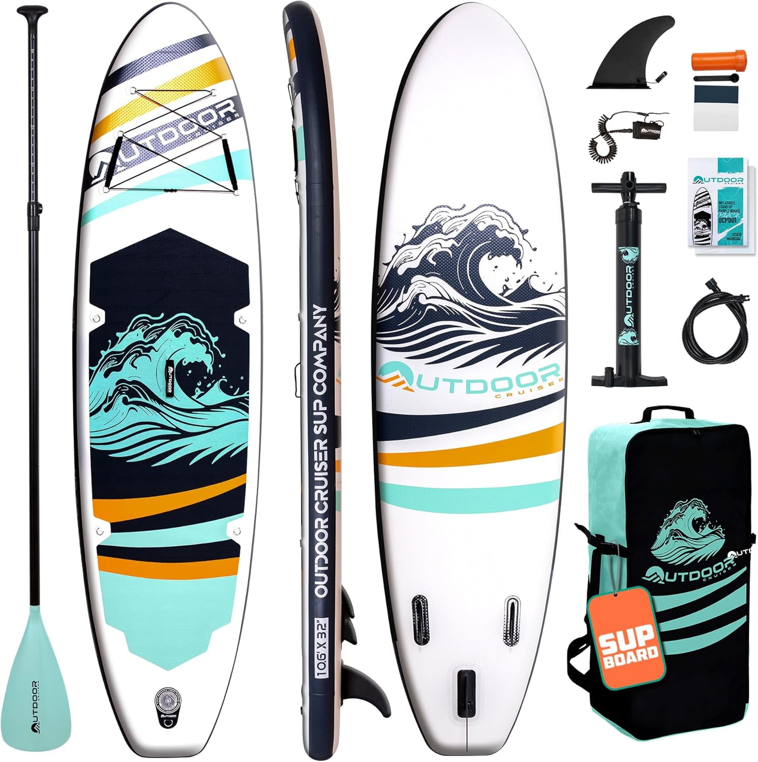 OutdoorCrusier Ultra-Portable Inflatable Stand-Up Paddle Board, Lightweight & Stable with Non-Slip Design, Complete SUP Accessories, Durable Drop-Stitch Material- Aqua