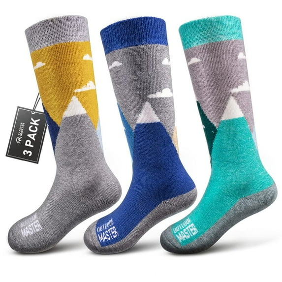 OutdoorMaster Kids Ski Socks - Merino Wool Blend, Over the Calf Design (3 Pack)