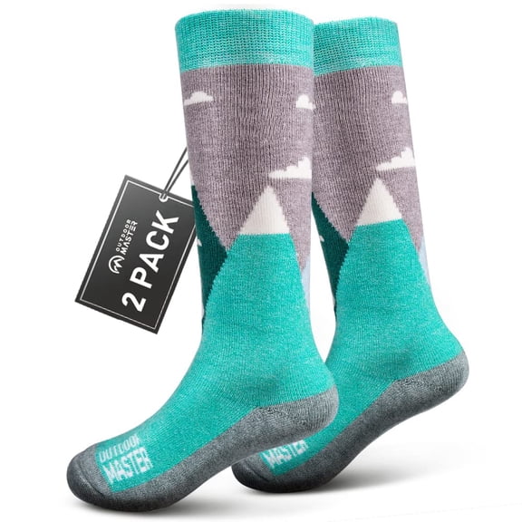 OutdoorMaster Kids Ski Socks - Merino Wool Blend, Over the Calf Design w/Non-Slip Cuff (2 Pack)