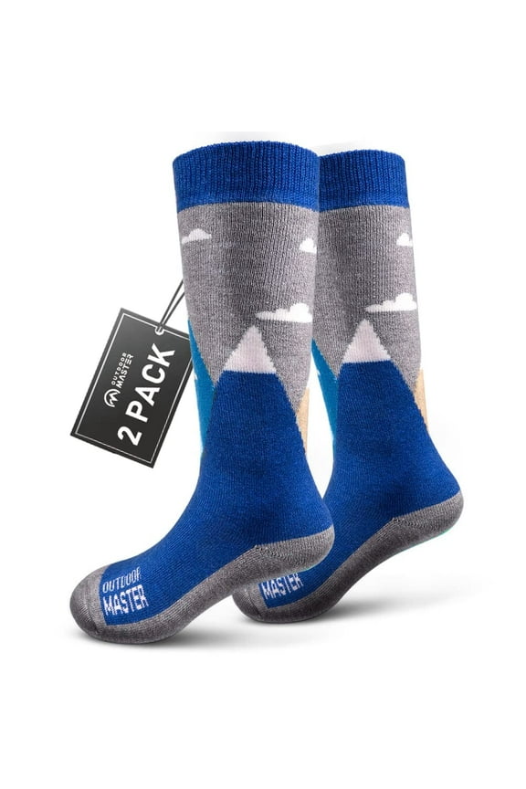 Kids Ski Socks - Merino Wool Blend, Over the Calf Design w/Non-Slip Cuff (2 Pack)