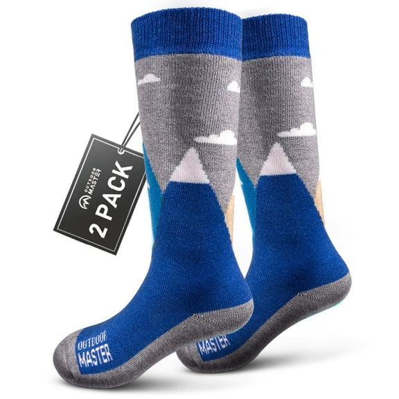 OutdoorMaster Kids Ski Socks - Merino Wool Blend, Over the Calf Design w/Non-Slip Cuff (2 Pack)