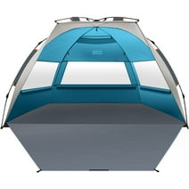 OutdoorMaster Pop Up Beach Tent for 4 Person - Easy Setup and Portable Beach Shade Sun Shelter Canopy with UPF 50+ UV Protection Removable Skylight Family Size - Blue+Gray