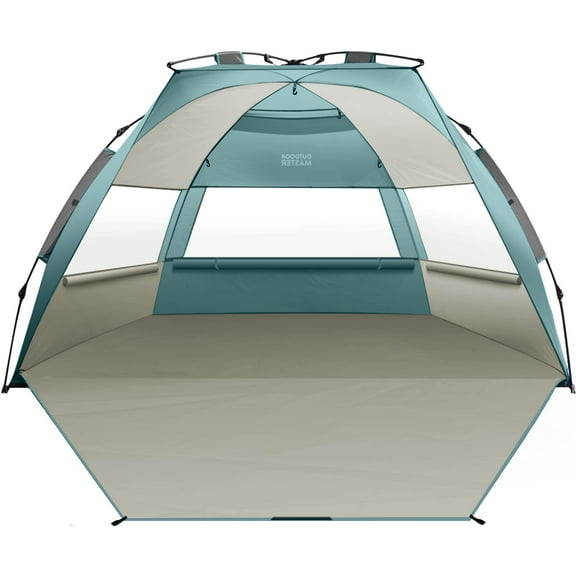 OutdoorMaster Pop Up Beach Tent for 4 Person - Easy Setup and Portable Beach Shade Sun Shelter Canopy with UPF 50+ UV Protection Removable Skylight Family Size - Light Blue+Gray