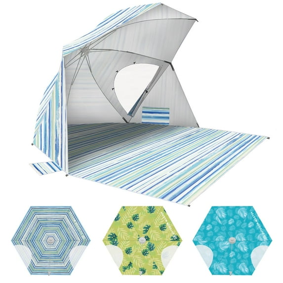 OutdoorMaster Pop Up Beach Umbrella, Portable Umbrella Shelter, Beach Shade Sun Canopy with UPF 50+ UV Protection, Extendable Floor with Carrying Bag