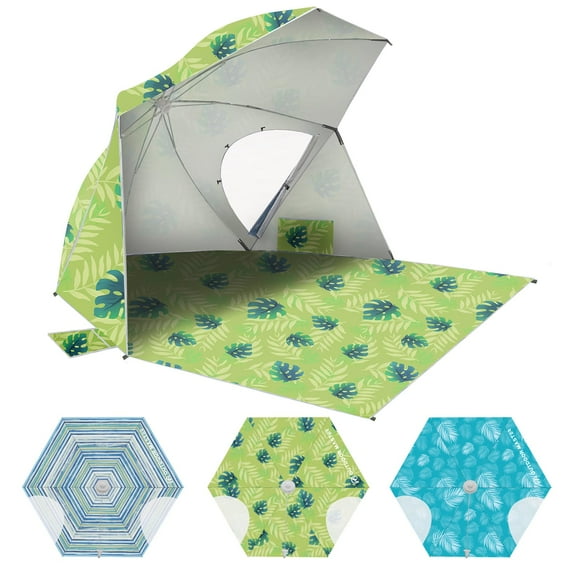 OutdoorMaster Pop Up Beach Umbrella, Portable Umbrella Shelter, Beach Shade Sun Canopy with UPF 50+ UV Protection, Extendable Floor with Carrying Bag