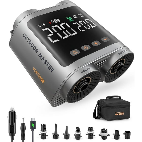 OutdoorMaster Vortex Pro Rechargeable Paddle Board Pump Portable, Electric SUP Pump Battery for 3 SUPs Inflation & Deflation, Max 20PSI 12V/15.8V DC & Type-C Input, Auto-Off