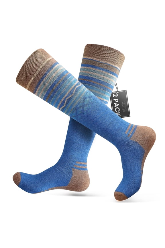 Ski Socks 2-Pack Merino Wool, Over The Calf Non-Slip Cuff for Men & Women