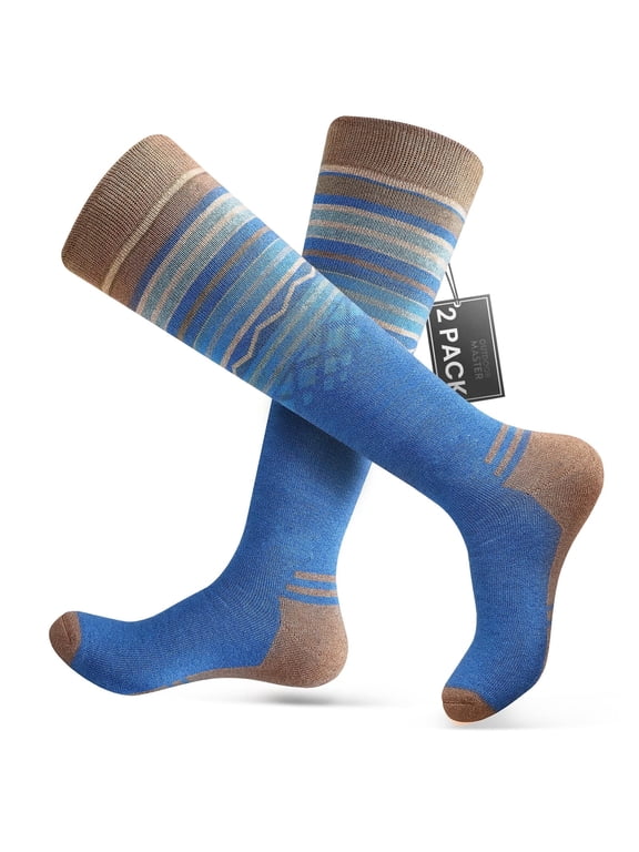 Ski Socks 2-Pack Merino Wool, Over The Calf Non-Slip Cuff for Men & Women