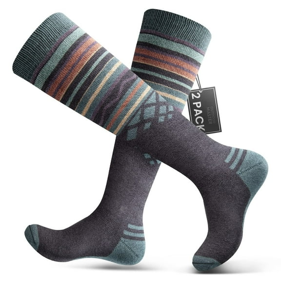 OutdoorMaster Ski Socks 2-Pack Merino Wool, Over The Calf Non-Slip Cuff for Men & Women
