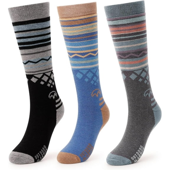 OutdoorMaster Ski Socks 3-Pack Merino Wool, Over The Calf Non-Slip Cuff for Men & Women