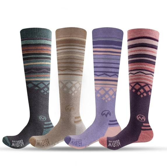 OutdoorMaster Ski Socks 4-Pack Merino Wool, Over The Calf Non-Slip Cuff for Men & Women