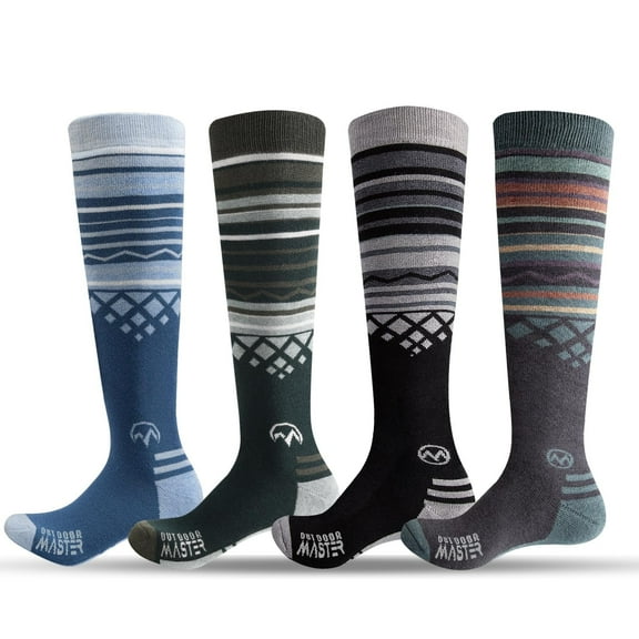 OutdoorMaster Ski Socks 4-Pack Merino Wool, Over The Calf Non-Slip Cuff for Men & Women