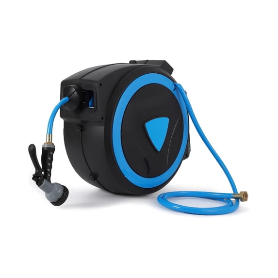 OutdoorVibe Retractable Garden Hose Reel - 5/8 In x 65/82/90 Ft, Wall Mounted, 9-Function Sprayer Nozzle, Any Length Lock, Slow Return System, 180° Swivel Bracket,Polypropylene+Steel