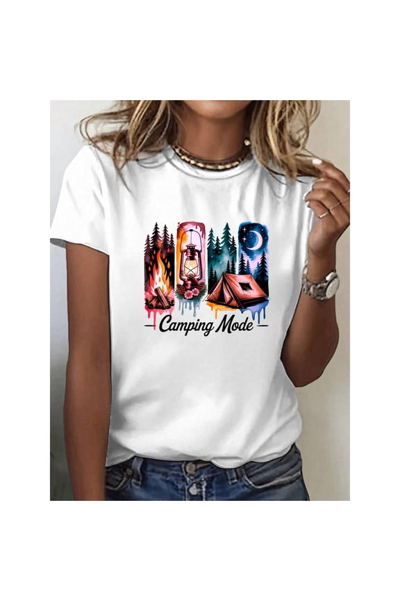 Outdoors Camping Pattern Tops for Womens Vibrant Graphic Tees Short Sleeve Tshirts White,M