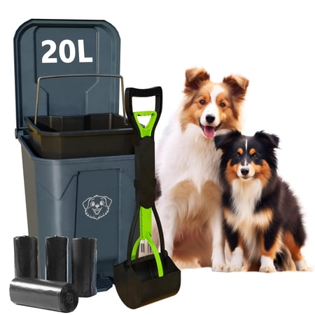 Outdoors Pet Waste Station 20l/5 Gallon Dog Poop Trash Can With Lid - Foot Pedal Removable Inner Bin Includes 200 Bonus Bags & Long Handle Green Pooper Scooper
