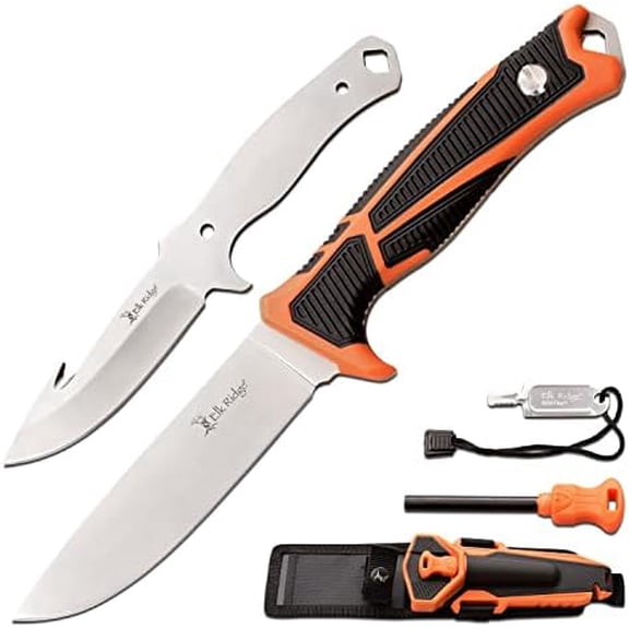 - Outdoors -Trek - Interchangeable Fixed Blade Knife, Drop Point and Gut Hook Blades, Orange and Black TPR Handle, Injection Molded Sheath with Ferro Rod and Sharpener - ER-TKFIX001$$Other