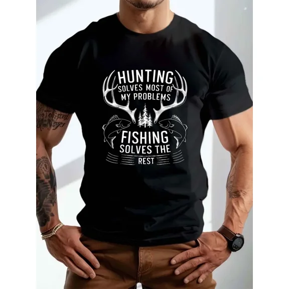 Outdoorsman Deer Hunting Fishing Quote Short Sleeve Graphic T-Shirt for Men