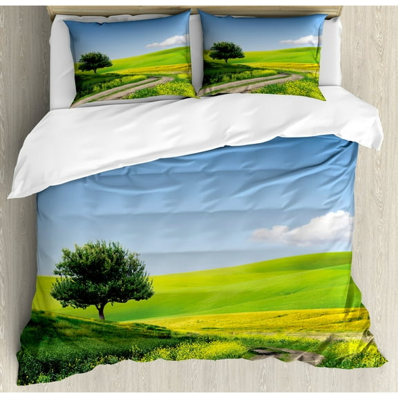 Outdoorsy Duvet Cover Set, Rural Country Scenery Idyllic Landscape Panoramic Look Summer, Decorative 3 Piece Bedding Set with 2 Pillow Shams, Queen Size, Apple Green and Pale Blue, by Ambesonne