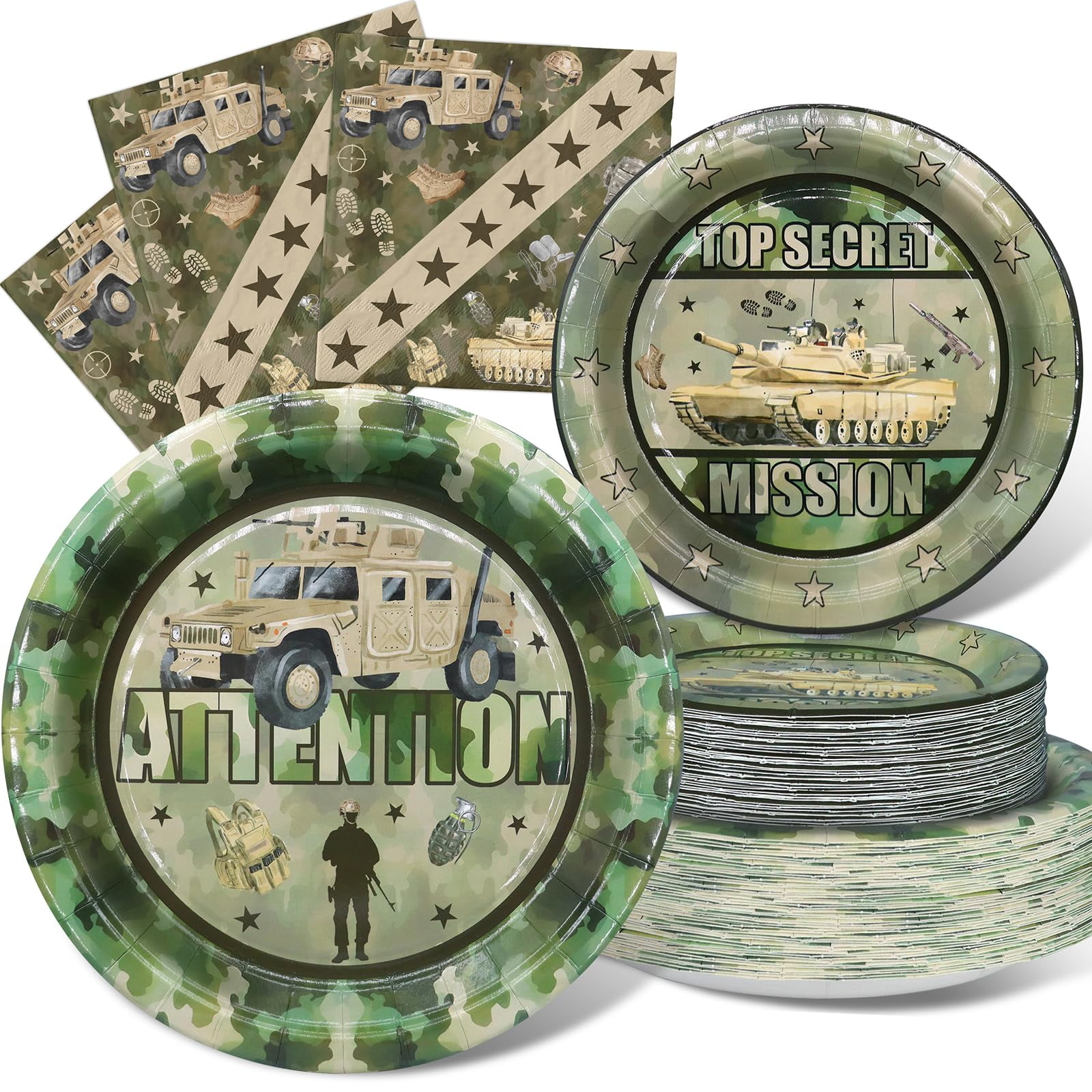 Outego Army Party Decorations Set - AFN120 Packs Army Party Plates and Napkins - Disposable and Stylish Camo Party Supplies for Birthdays and Events