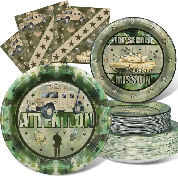 Outego Army Party Decorations Set - AFN120 Packs Army Party Plates and Napkins - Disposable and Stylish Camo Party Supplies for Birthdays and Events