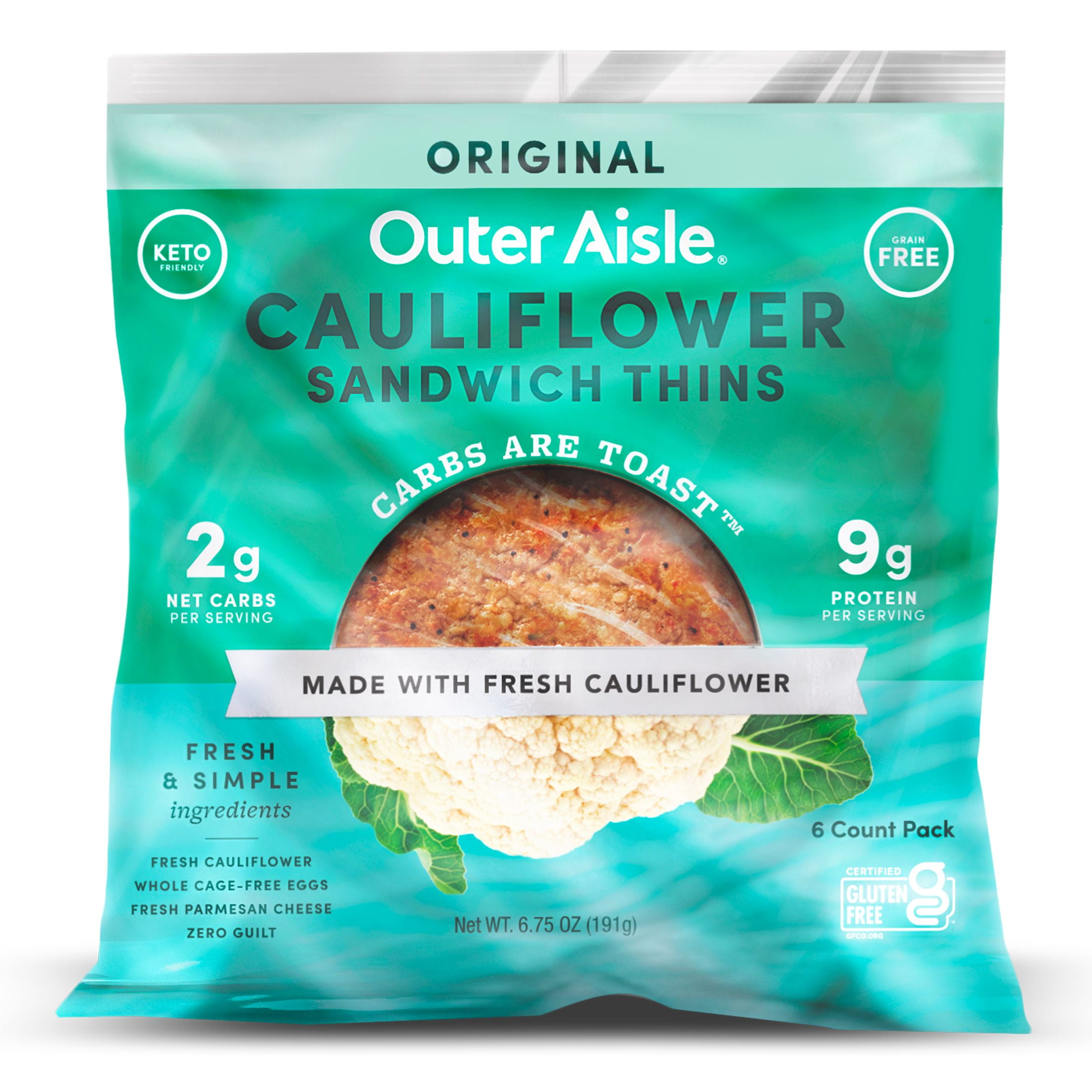 Outer Aisle Cauliflower Original Sandwich Thins, 6.75 oz, 6 Ct (Frozen